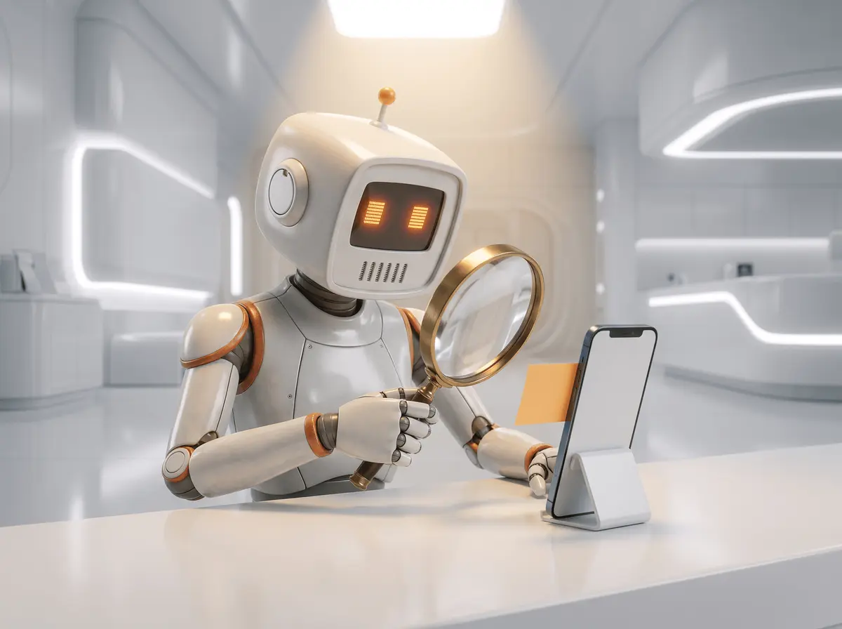 The Ad Clanker robot inspecting a phone frame through a magnifying glass