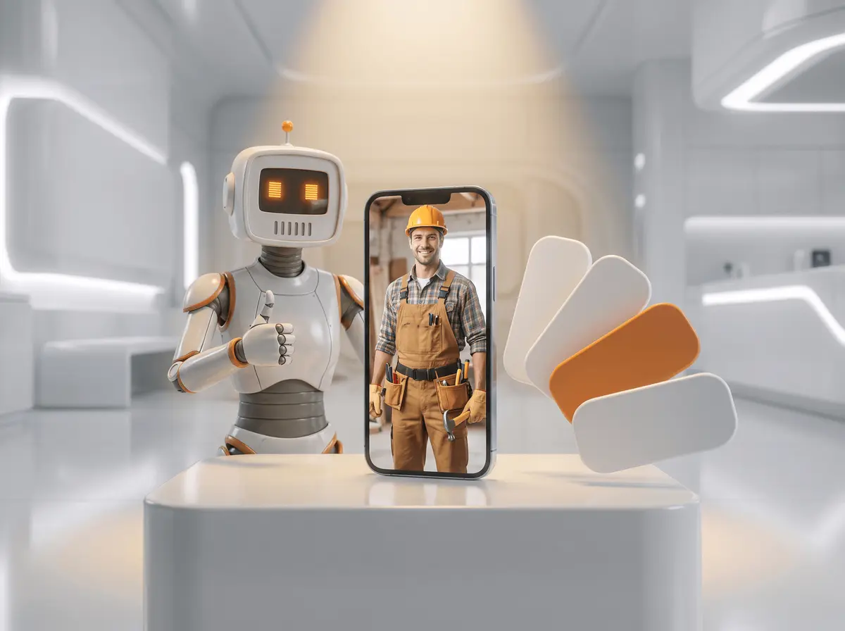 A phone showing a finished ad with four platform buttons beside it and the robot giving a thumbs up
